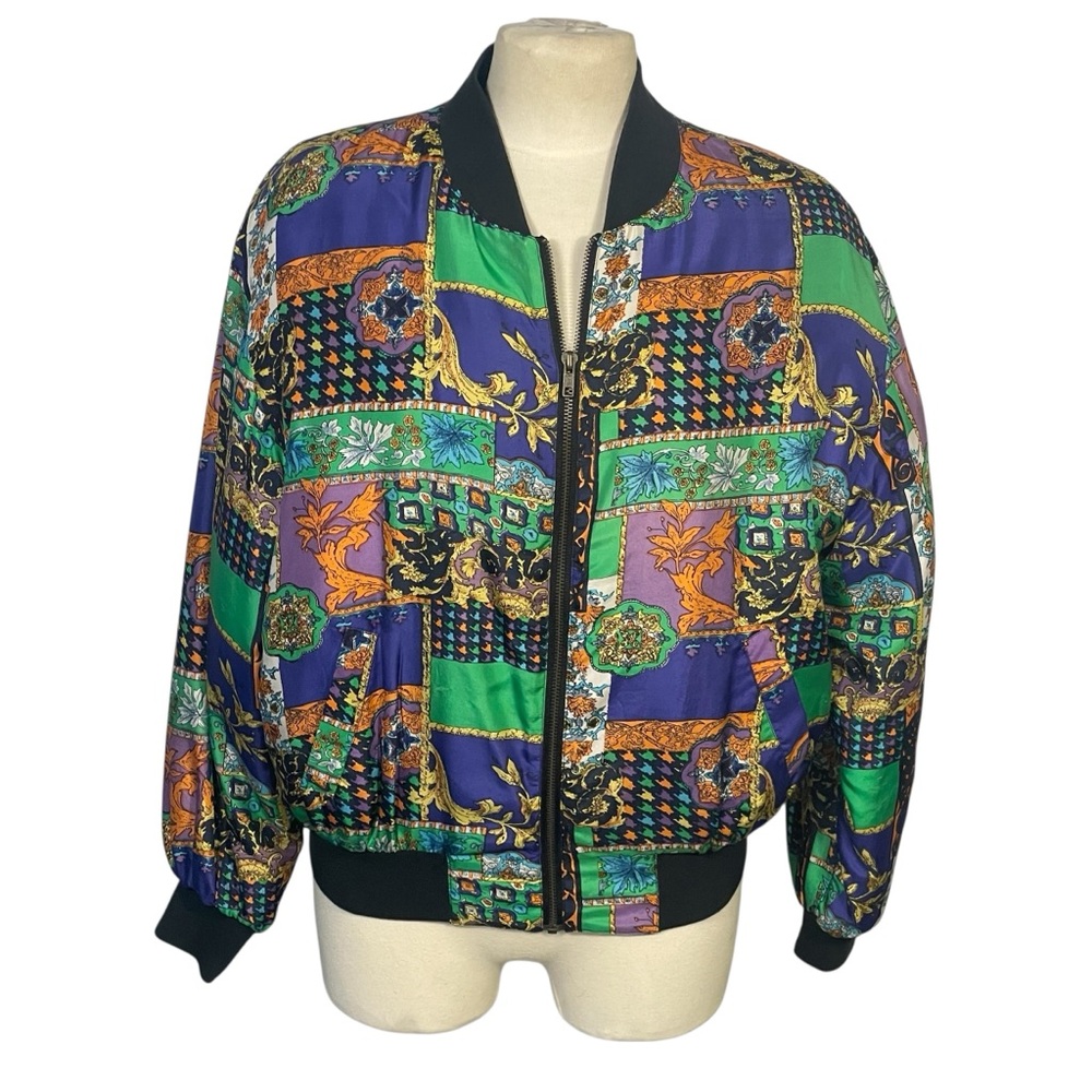 K Arnold 100% Silk Vintage Multicolor Patchwork Bohemian Bomber Jacket Sz S